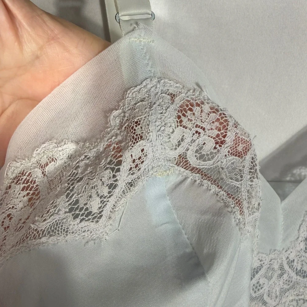 Vtg Baby Blue Lace Trim Full Slip Dress XS/S Adjustable Strap Lingerie Nightgown